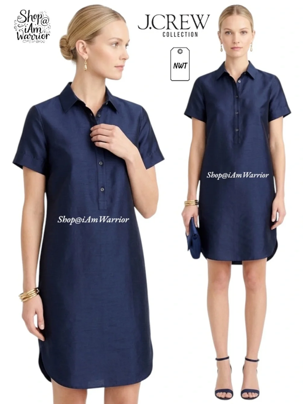 J.Crew Collection NWT Navy Silk Shantung Structured Luxe Minimalist Shirt Dress